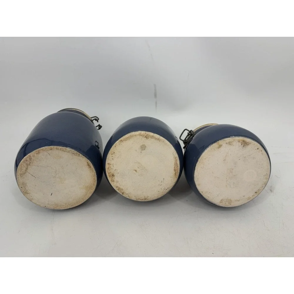 Vintage Stoneware Canister Set 3 Navy Blue Folk Art Bird Heart Clamp Lid
